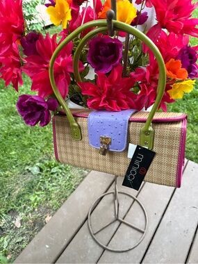 Summer Bag-Minicci Straw pattern with Lavender Flap, Pink Trim & Green Handles